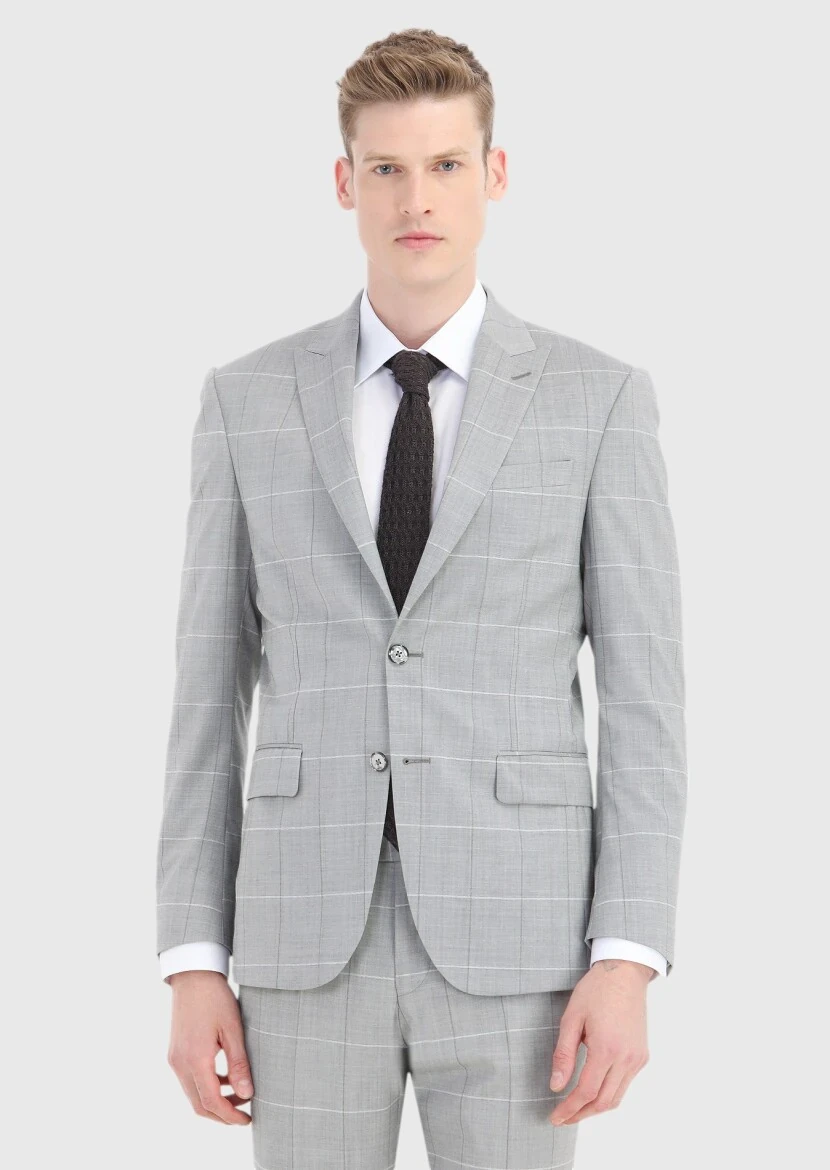 Gri Kareli Modern Fit Yün Karışımlı Takım Elbise - 2