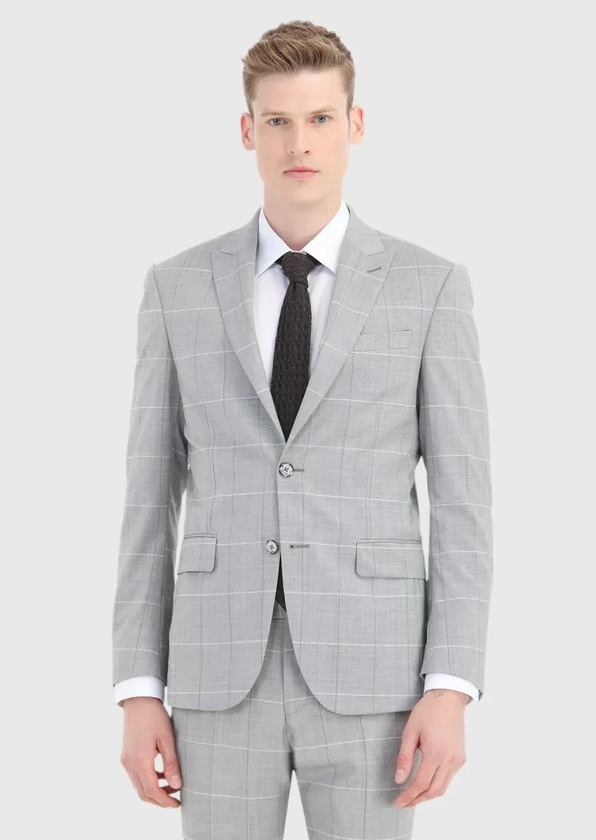 Gri Kareli Modern Fit Yün Karışımlı Takım Elbise - 2