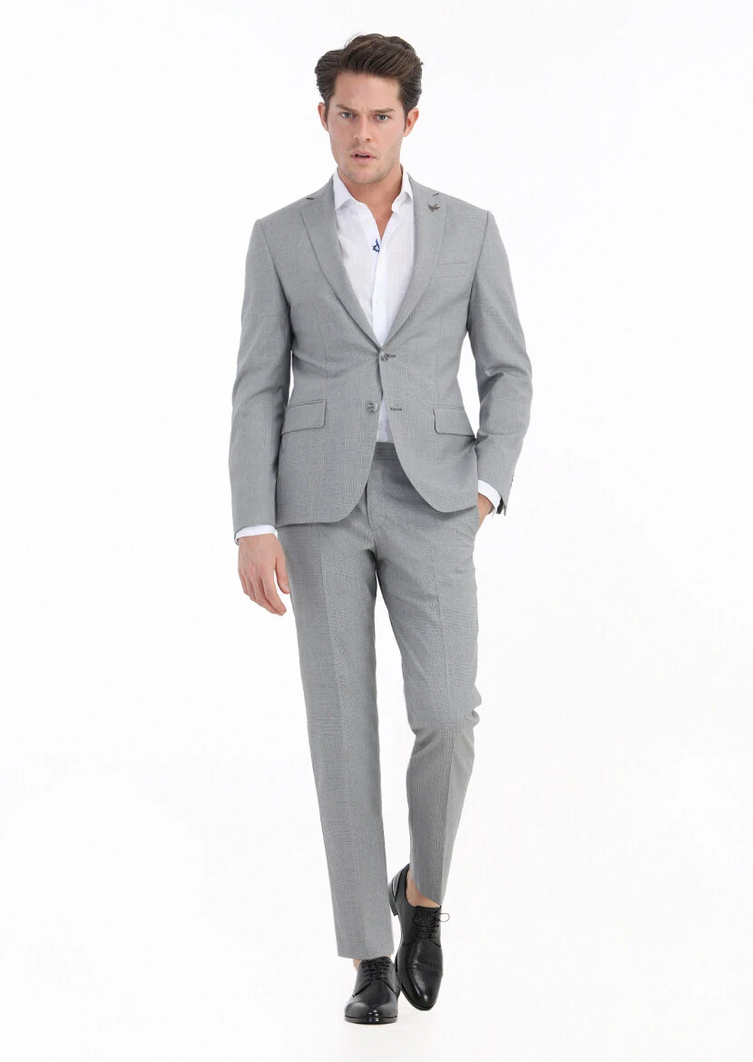 Gri Kareli Zeroweight Slim Fit %100 Yün Takım Elbise - 1