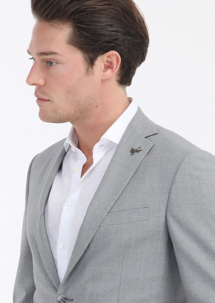 Gri Kareli Zeroweight Slim Fit %100 Yün Takım Elbise - 5