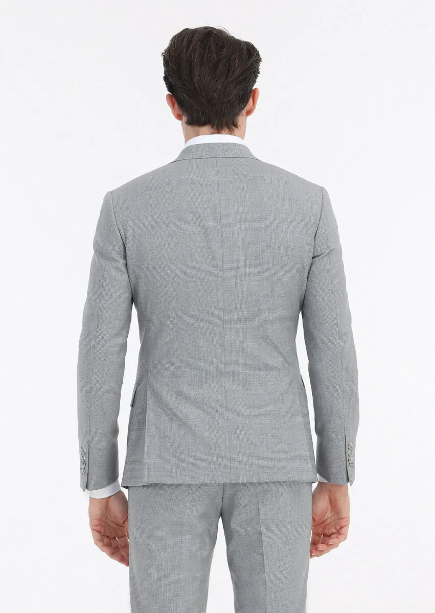 Gri Kareli Zeroweight Slim Fit %100 Yün Takım Elbise - 7