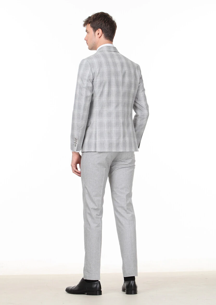 Gri Kareli Zeroweight Slim Fit İpek Karışımlı Takım Elbise - 4