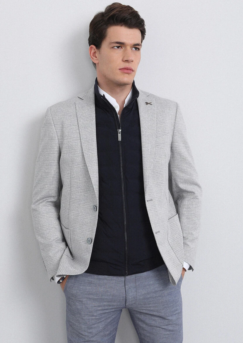 Gri Kareli Zeroweight Slim Fit Pamuk Karışımlı Ceket - 2