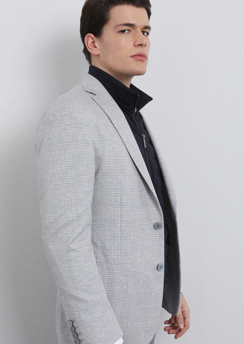 Gri Kareli Zeroweight Slim Fit Pamuk Karışımlı Ceket - 4
