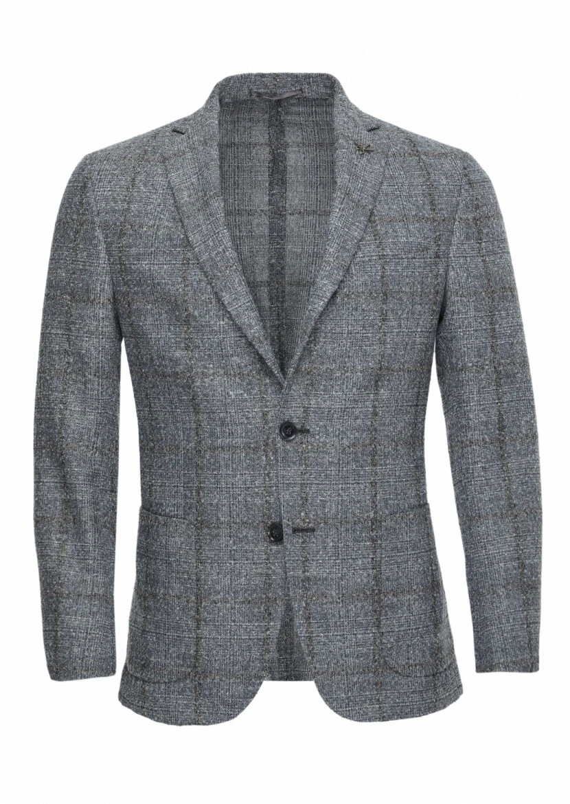Gri Kareli Zeroweight Slim Fit Yün Karışımlı Ceket - 1