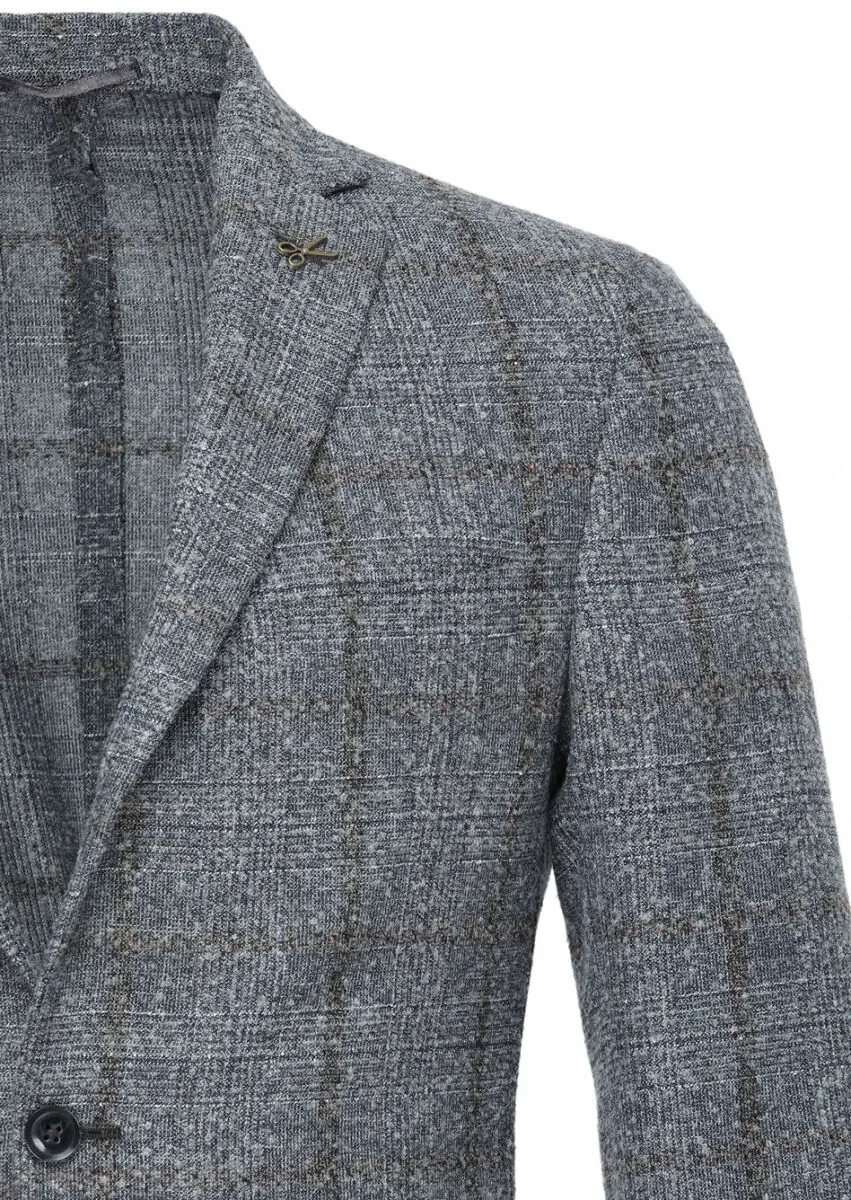 Gri Kareli Zeroweight Slim Fit Yün Karışımlı Ceket - 2