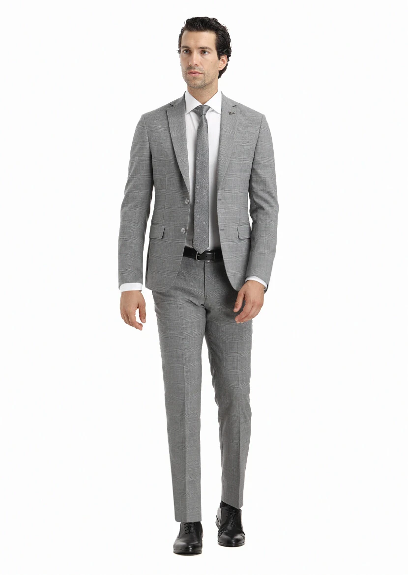 Gri Kareli Zeroweight Slim Fit Yün Karışımlı Takım Elbise - 1