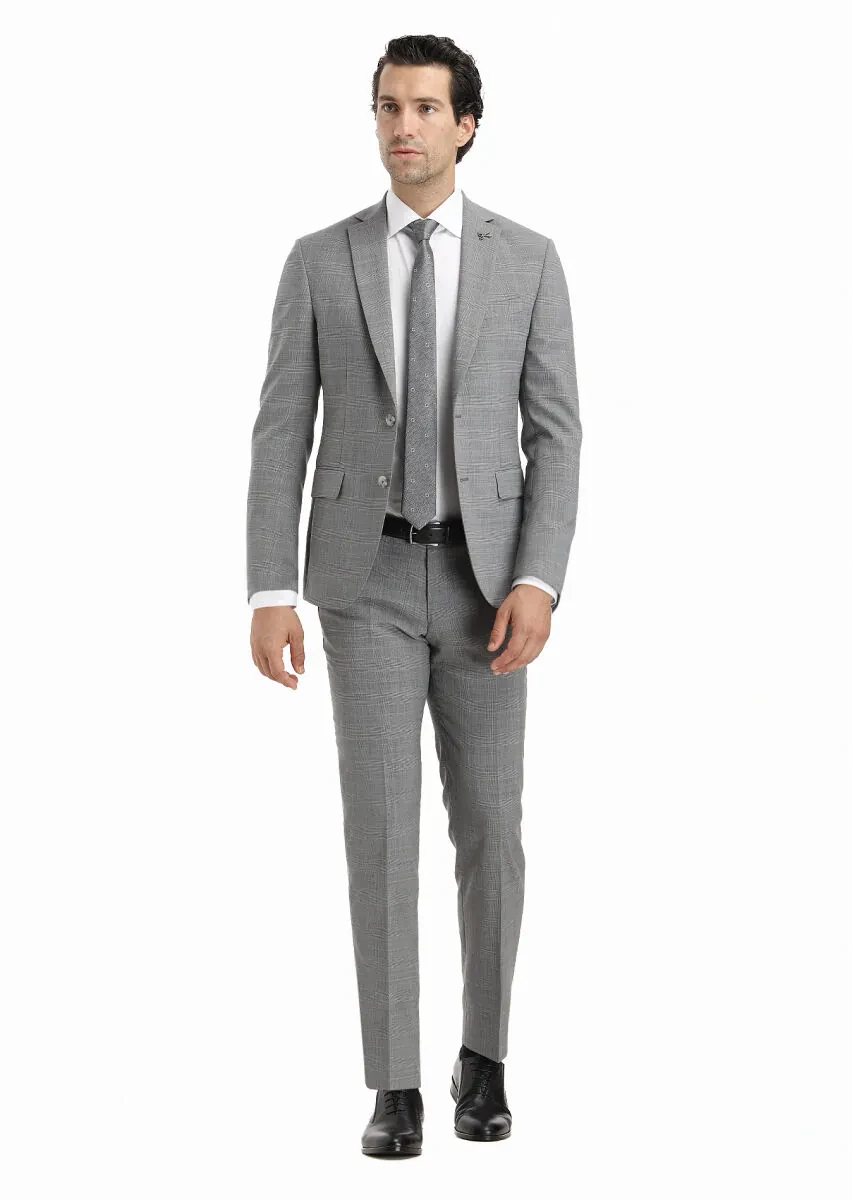 Gri Kareli Zeroweight Slim Fit Yün Karışımlı Takım Elbise - 1