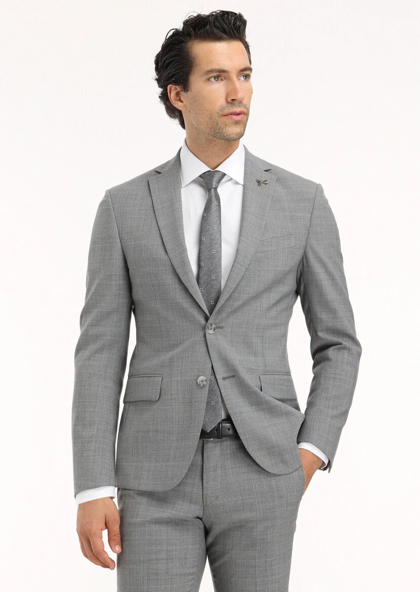 Gri Kareli Zeroweight Slim Fit Yün Karışımlı Takım Elbise - 2