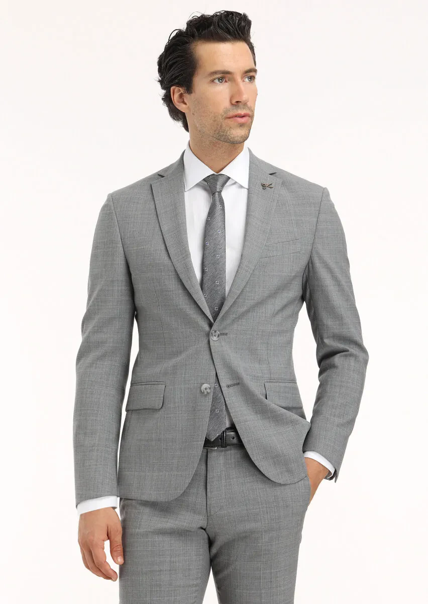 Gri Kareli Zeroweight Slim Fit Yün Karışımlı Takım Elbise - 2