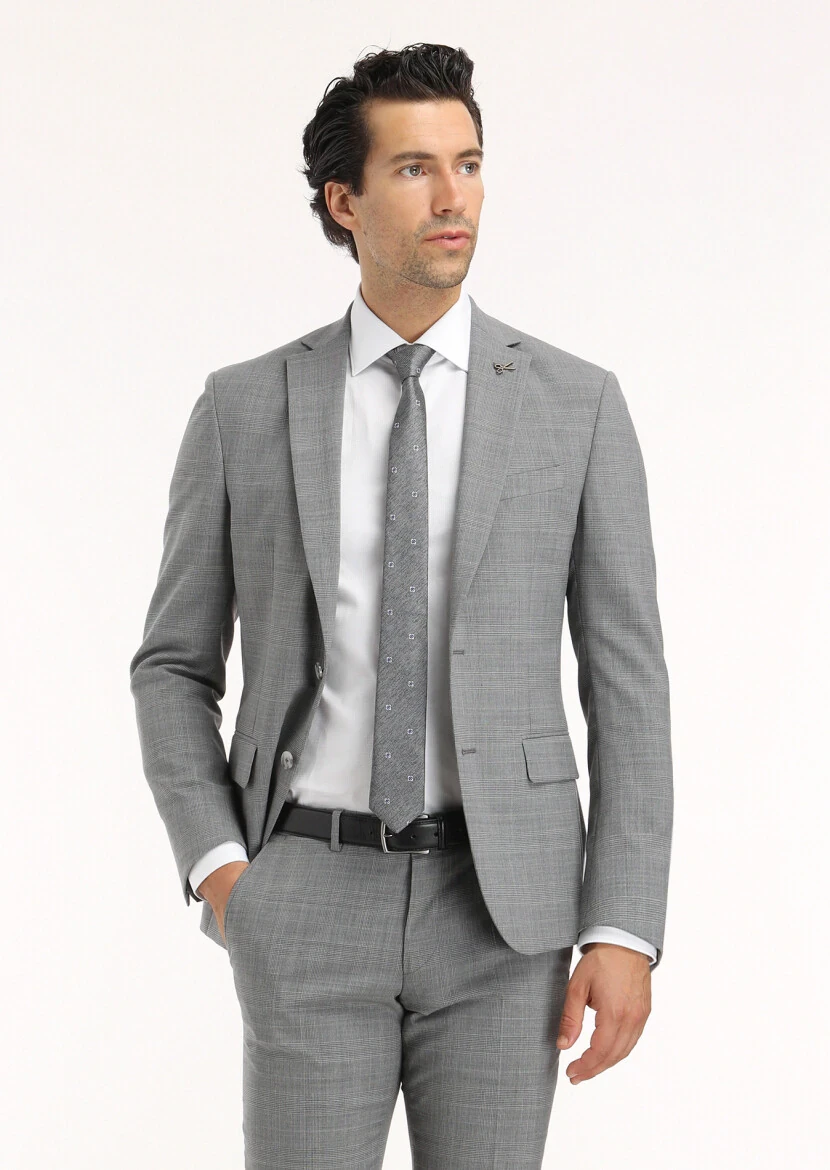 Gri Kareli Zeroweight Slim Fit Yün Karışımlı Takım Elbise - 3