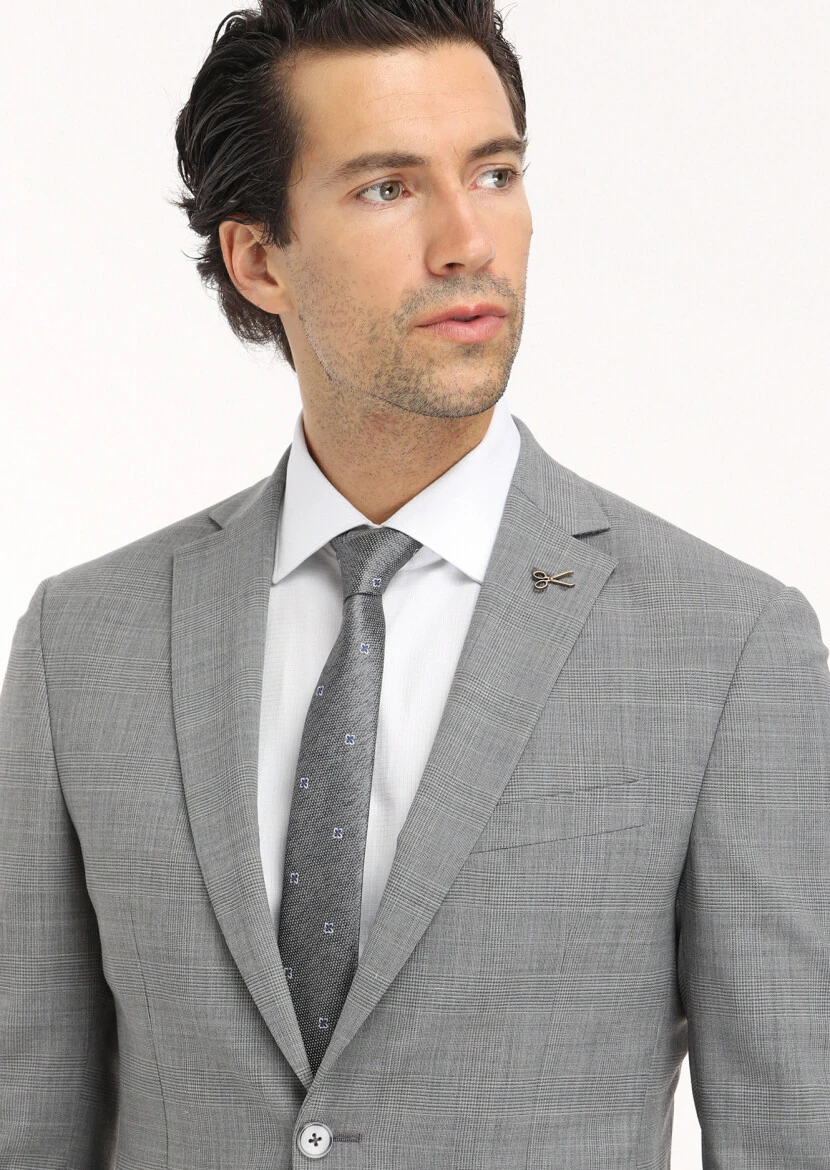 Gri Kareli Zeroweight Slim Fit Yün Karışımlı Takım Elbise - 4