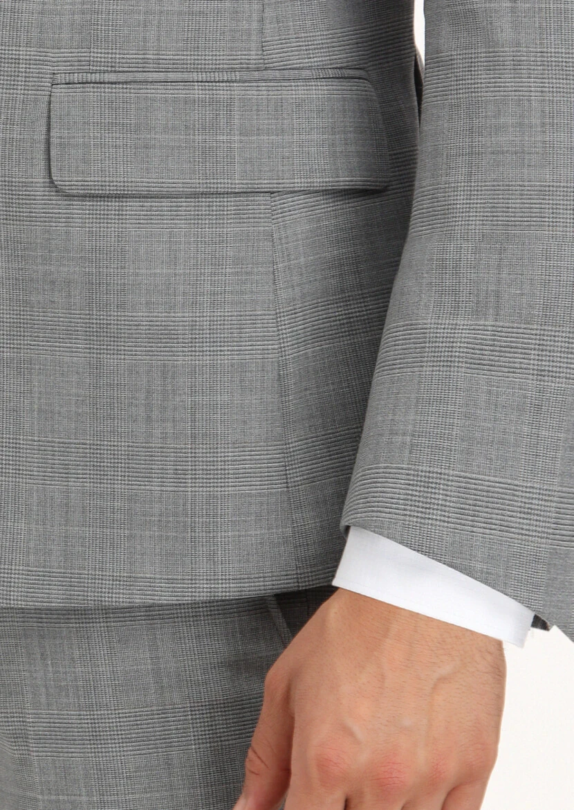 Gri Kareli Zeroweight Slim Fit Yün Karışımlı Takım Elbise - 5