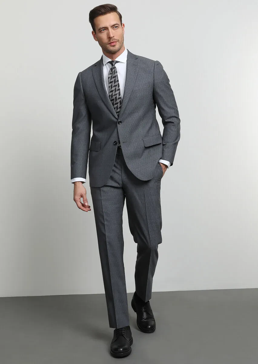 Gri Mikro Regular Fit %100 Yün Takım Elbise - 1