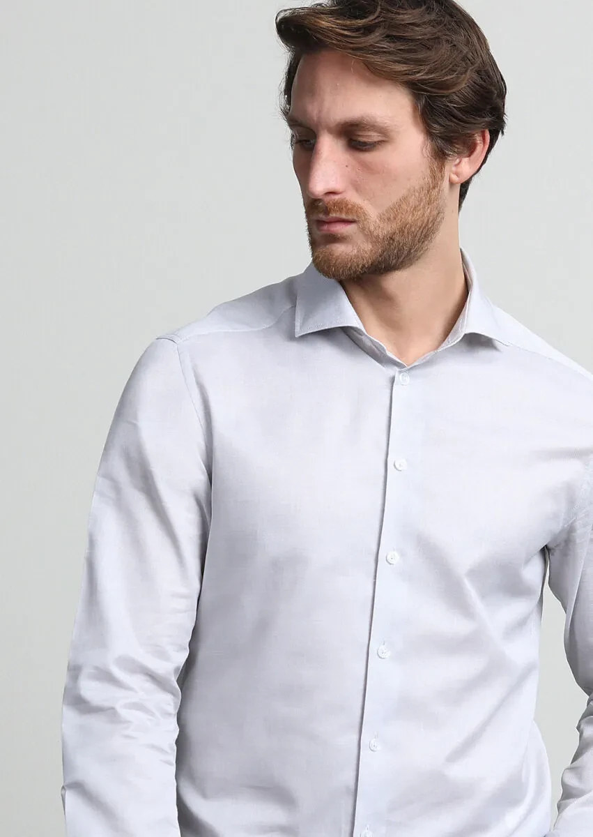 Gri Mikro Slim Fit Dokuma Casual %100 Pamuk Gömlek - 1
