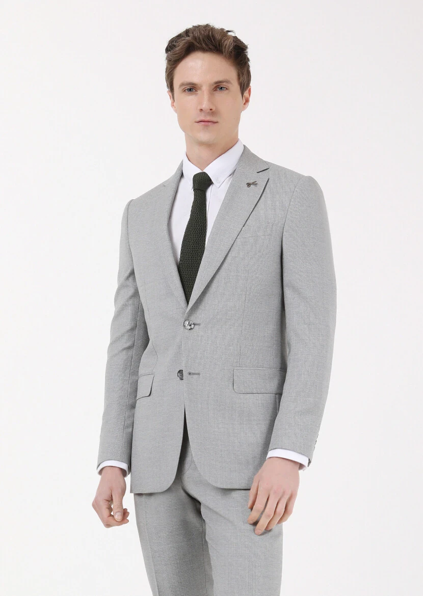Gri Mikro Thin&taller Slim Fit %100 Yün Takım Elbise - 1