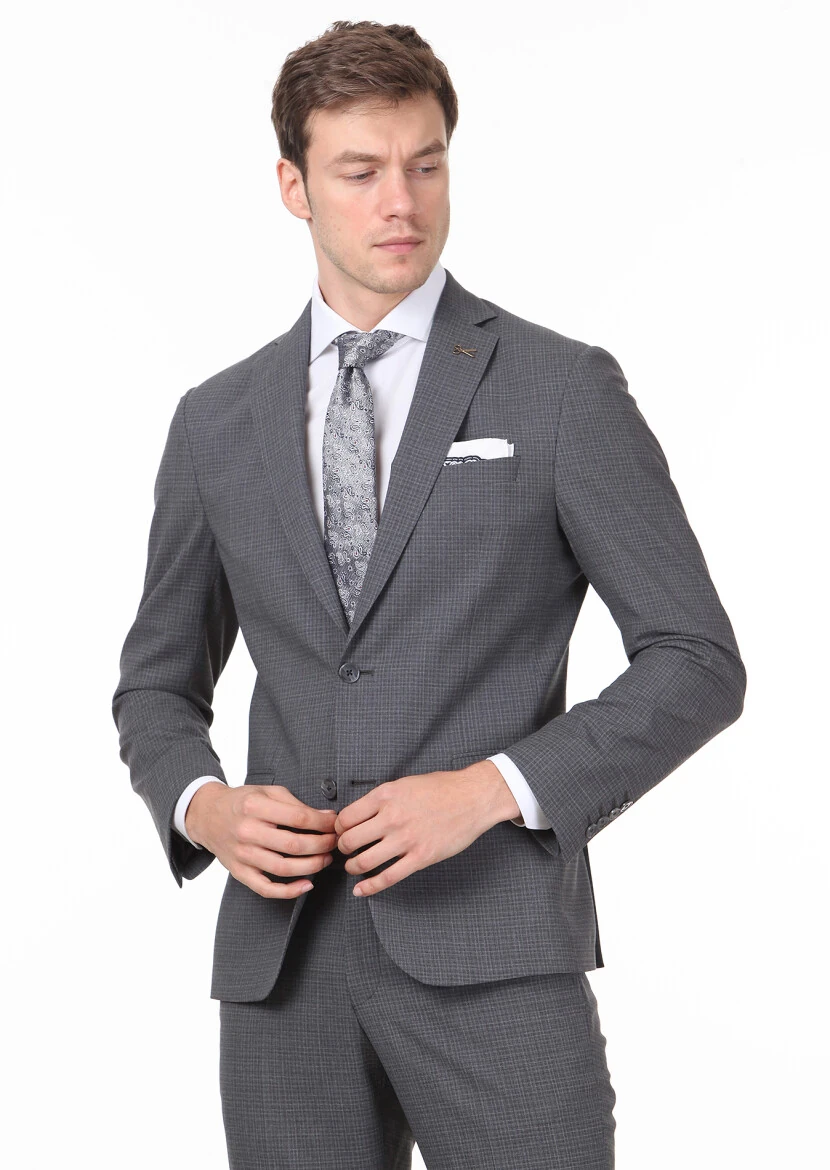 Gri Mikro Zeroweight Slim Fit %100 Yün Takım Elbise - 1