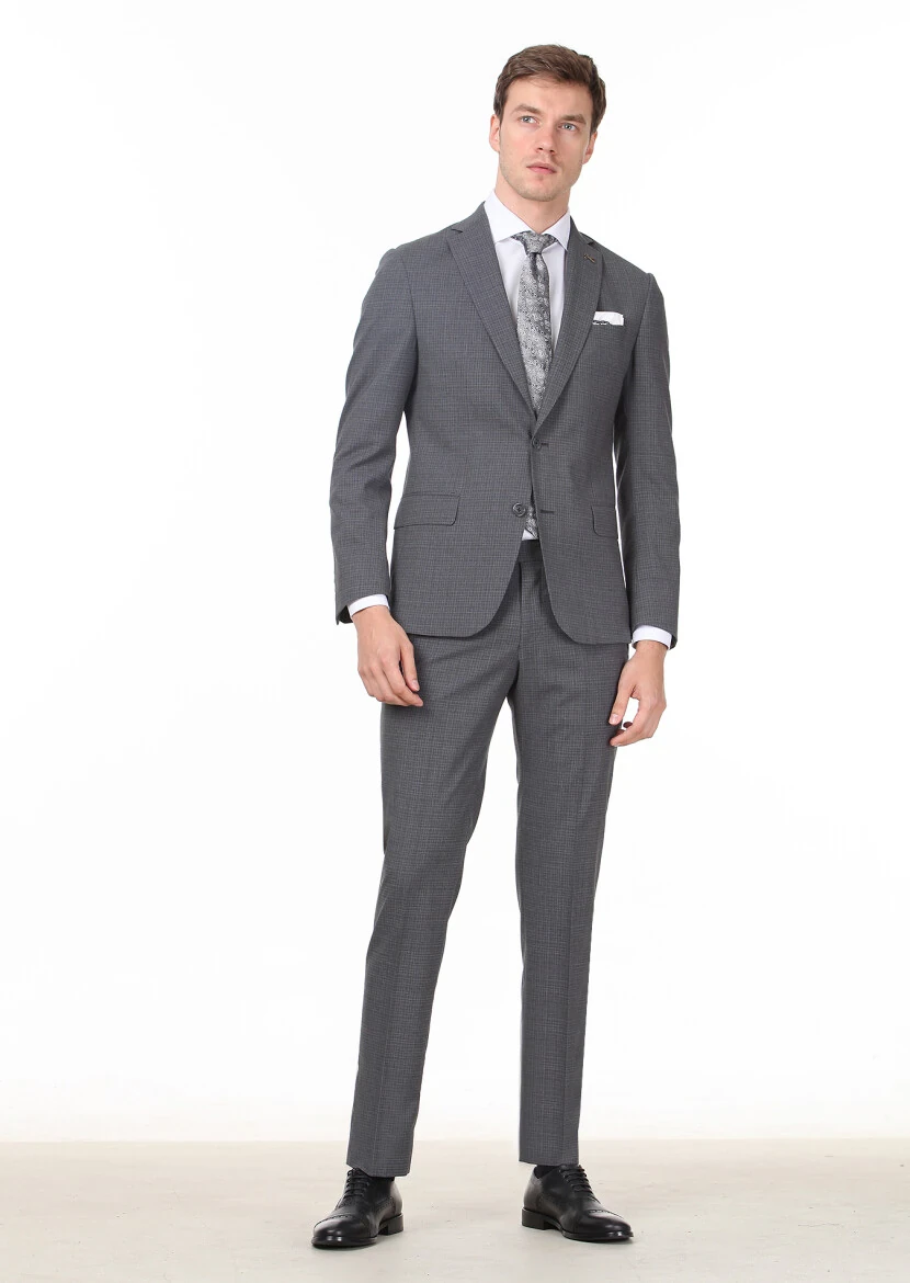 Gri Mikro Zeroweight Slim Fit %100 Yün Takım Elbise - 2