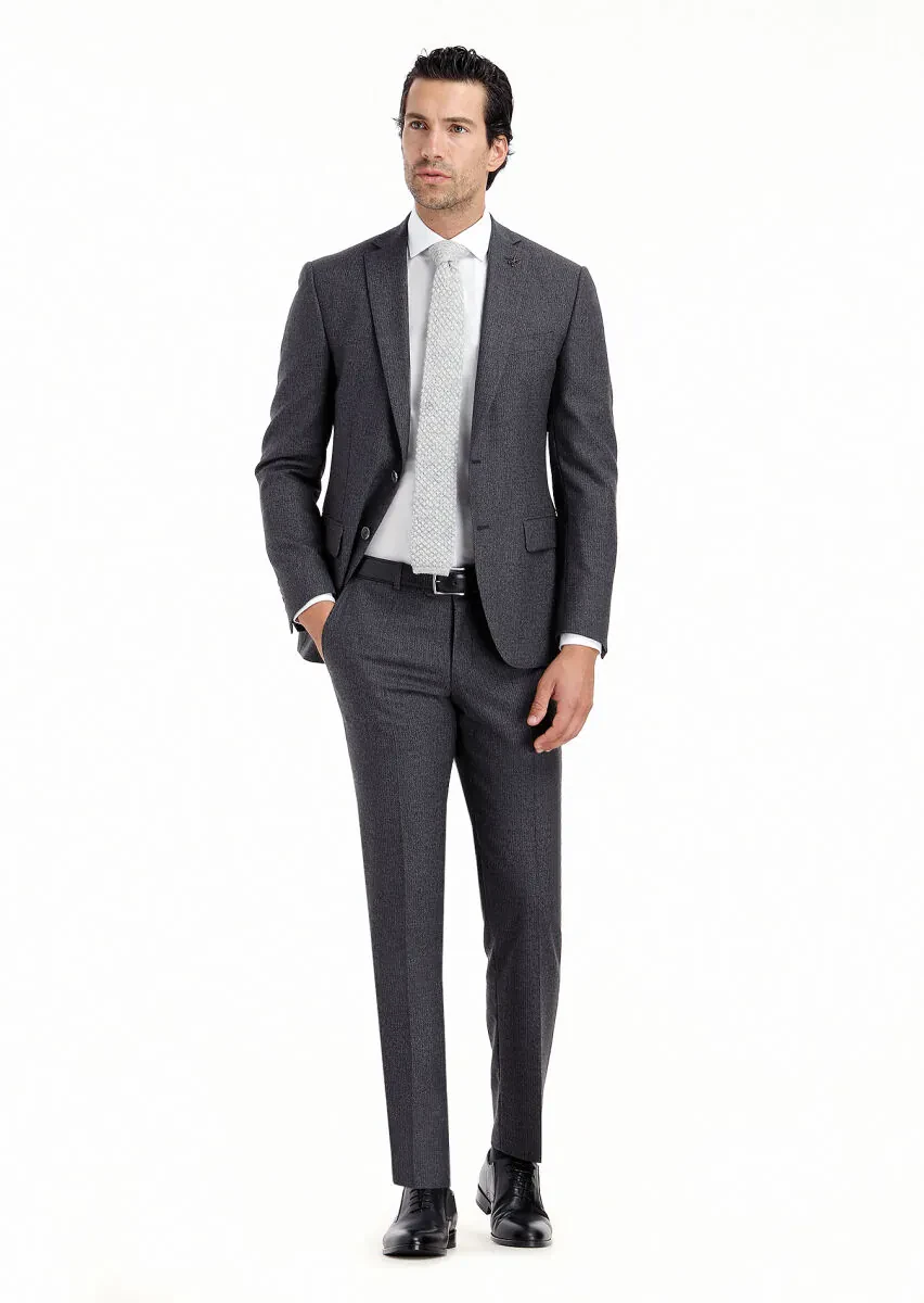 Gri Mikro Zeroweight Slim Fit %100 Yün Takım Elbise - 3