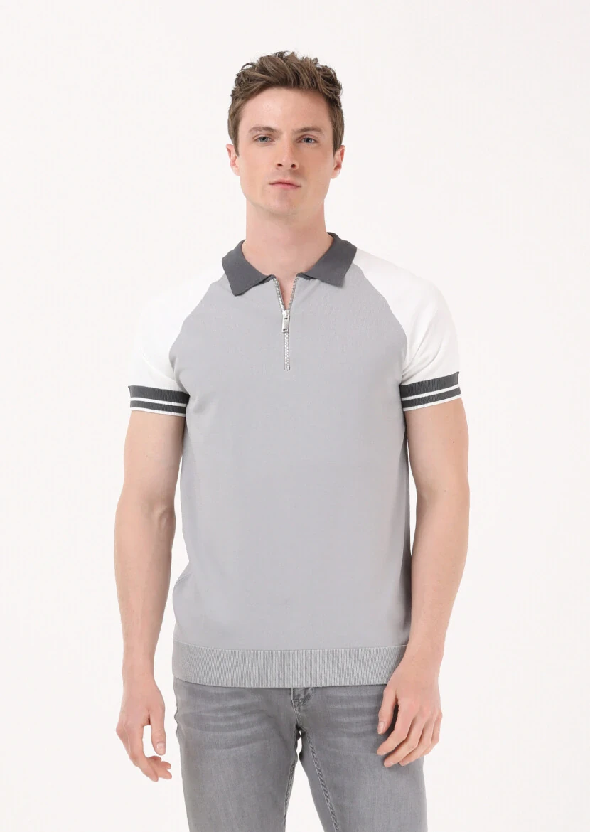 Gri Polo Yaka Düz Örgü Triko - 1