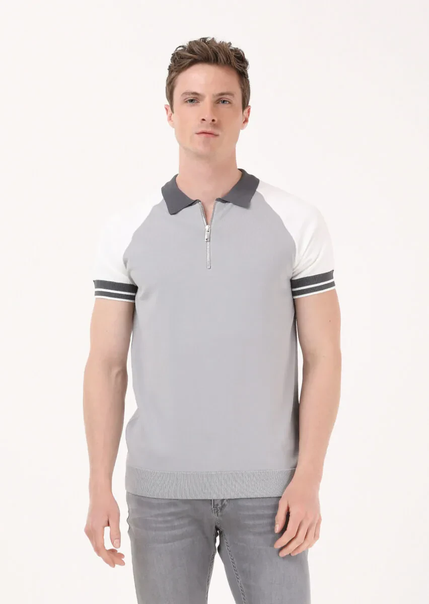Gri Polo Yaka Düz Örgü Triko - 1