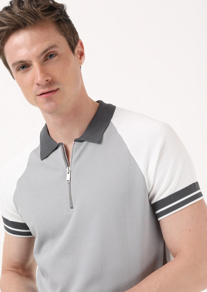 Gri Polo Yaka Düz Örgü Triko - 3