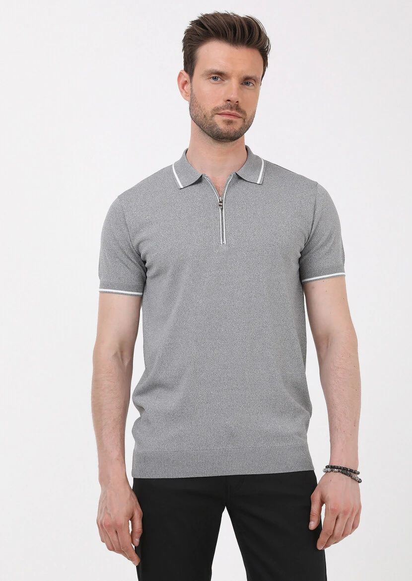 Gri Polo Yaka Düz Örgü Triko - 2
