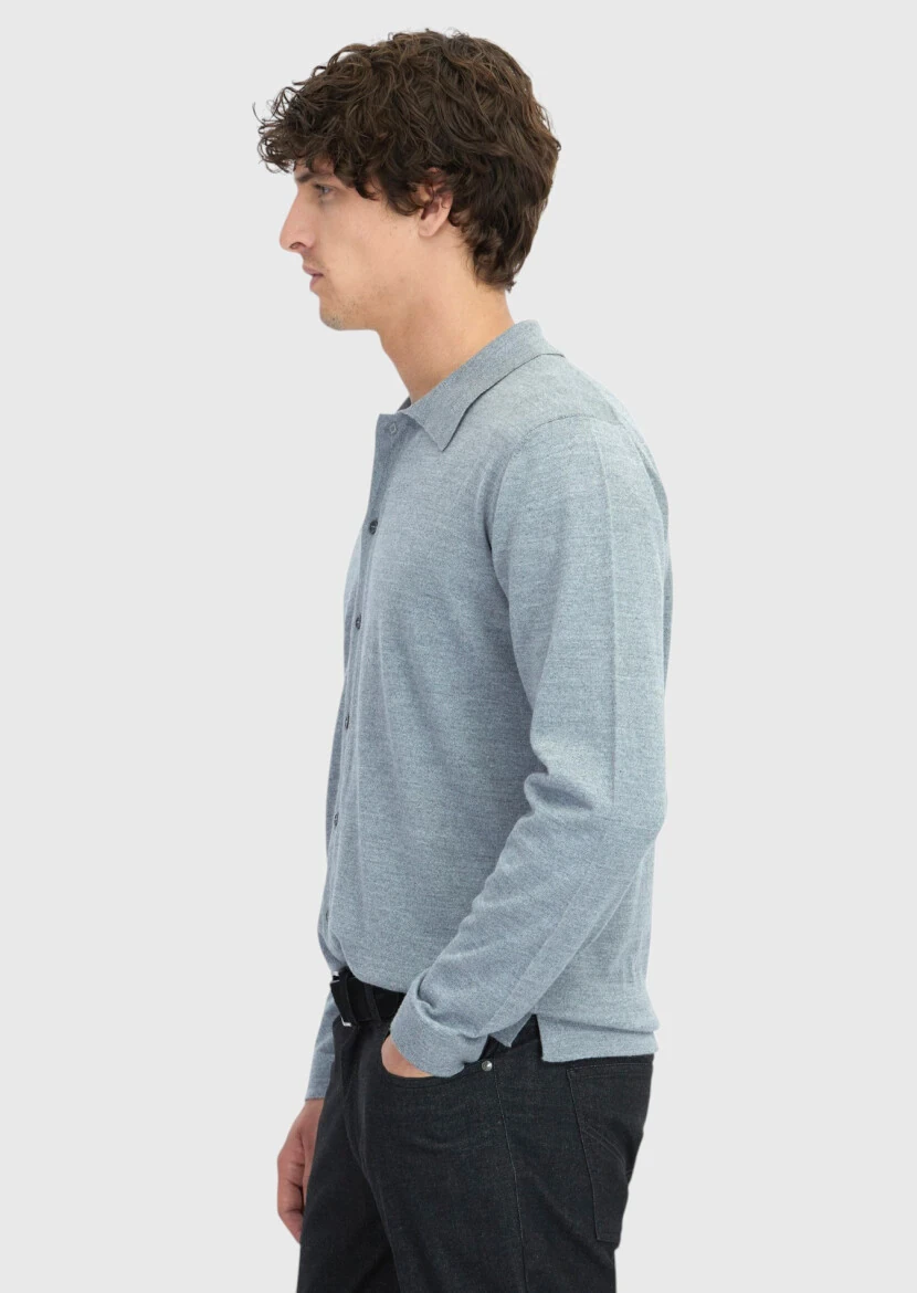 Gri Polo Yaka Düz Örgü Yün Karışımlı Hırka - 3