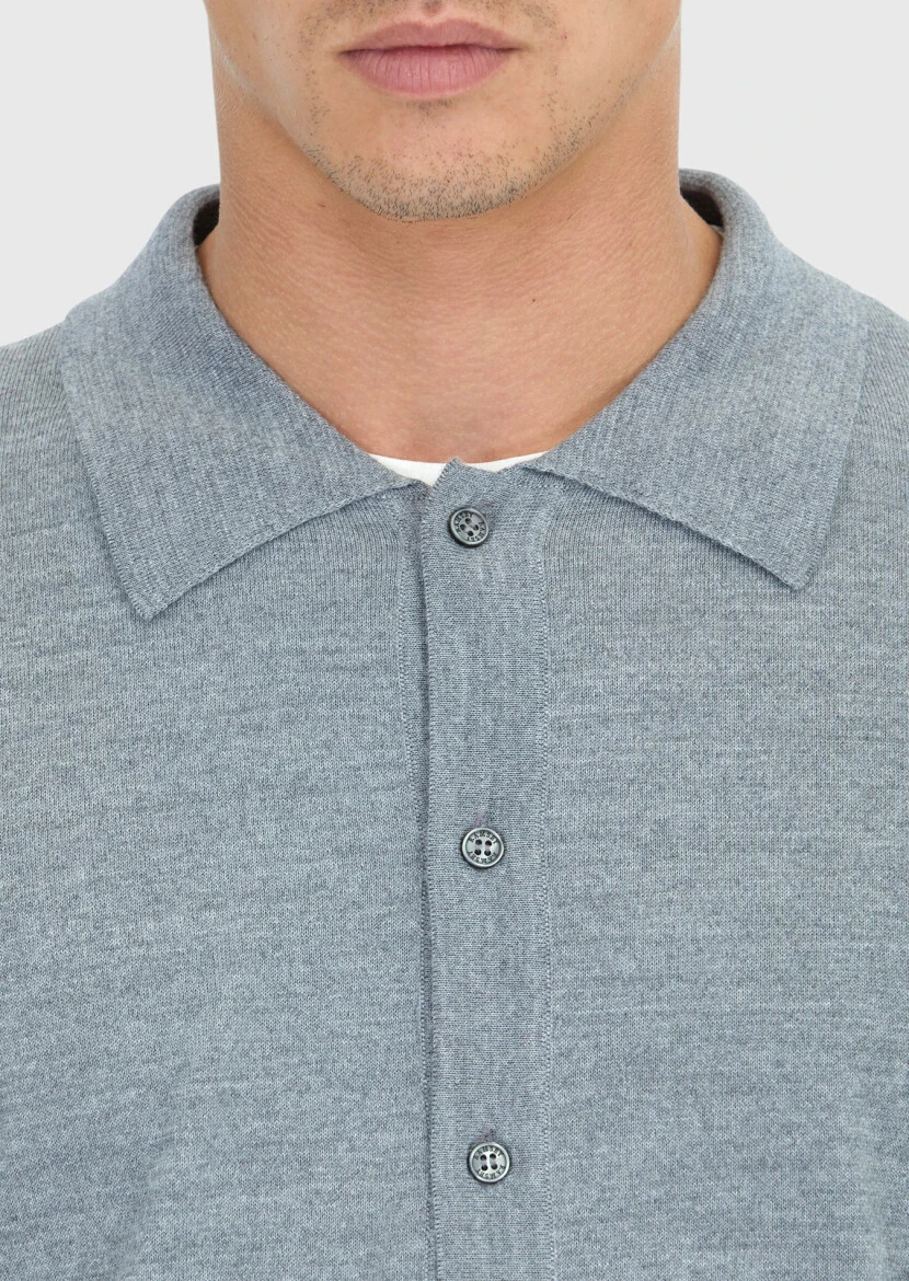 Gri Polo Yaka Düz Örgü Yün Karışımlı Hırka - 5