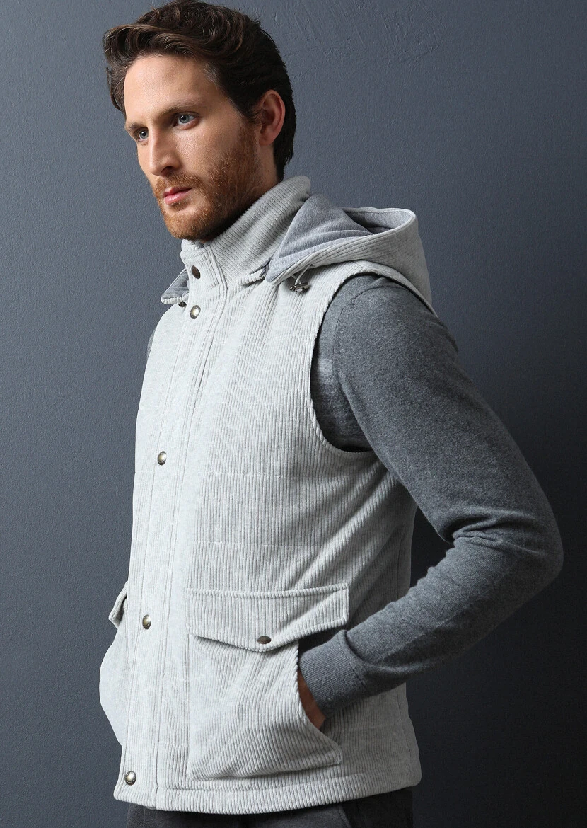 Gri Regular Fit Dik Yaka Casual Dokuma Spor Yelek - 3