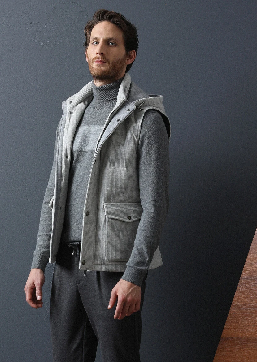 Gri Regular Fit Dik Yaka Casual Dokuma Spor Yelek - 4