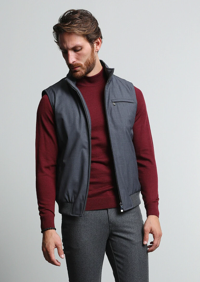 Gri Regular Fit Dik Yaka Casual Dokuma Spor Yelek - 1