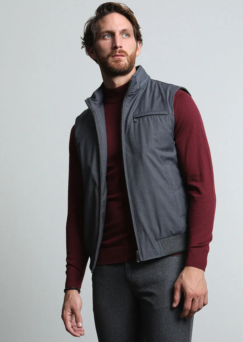 Gri Regular Fit Dik Yaka Casual Dokuma Spor Yelek - 2