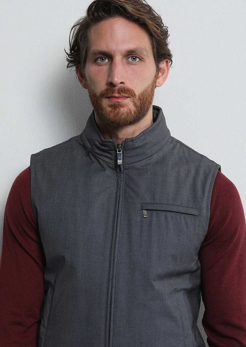 Gri Regular Fit Dik Yaka Casual Dokuma Spor Yelek - 3