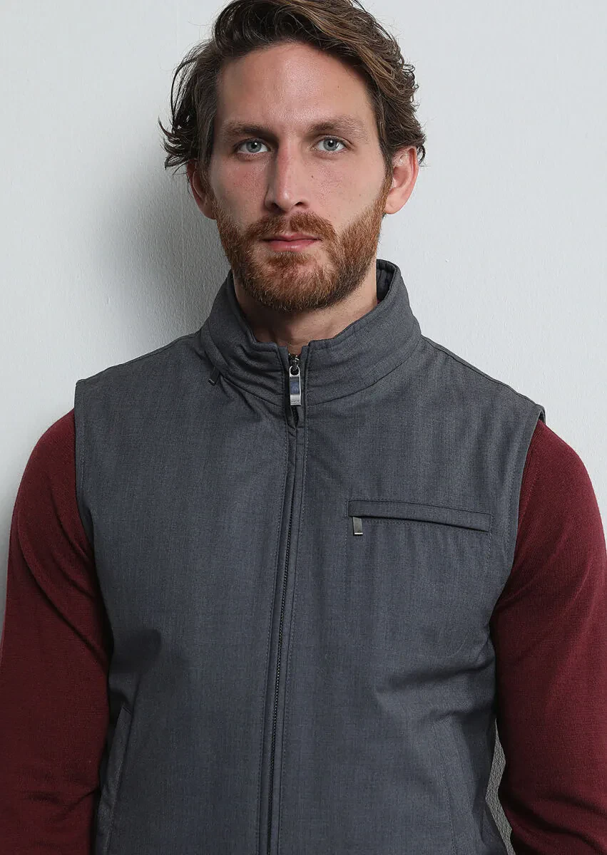 Gri Regular Fit Dik Yaka Casual Dokuma Spor Yelek - 3