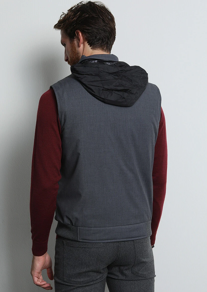 Gri Regular Fit Dik Yaka Casual Dokuma Spor Yelek - 5