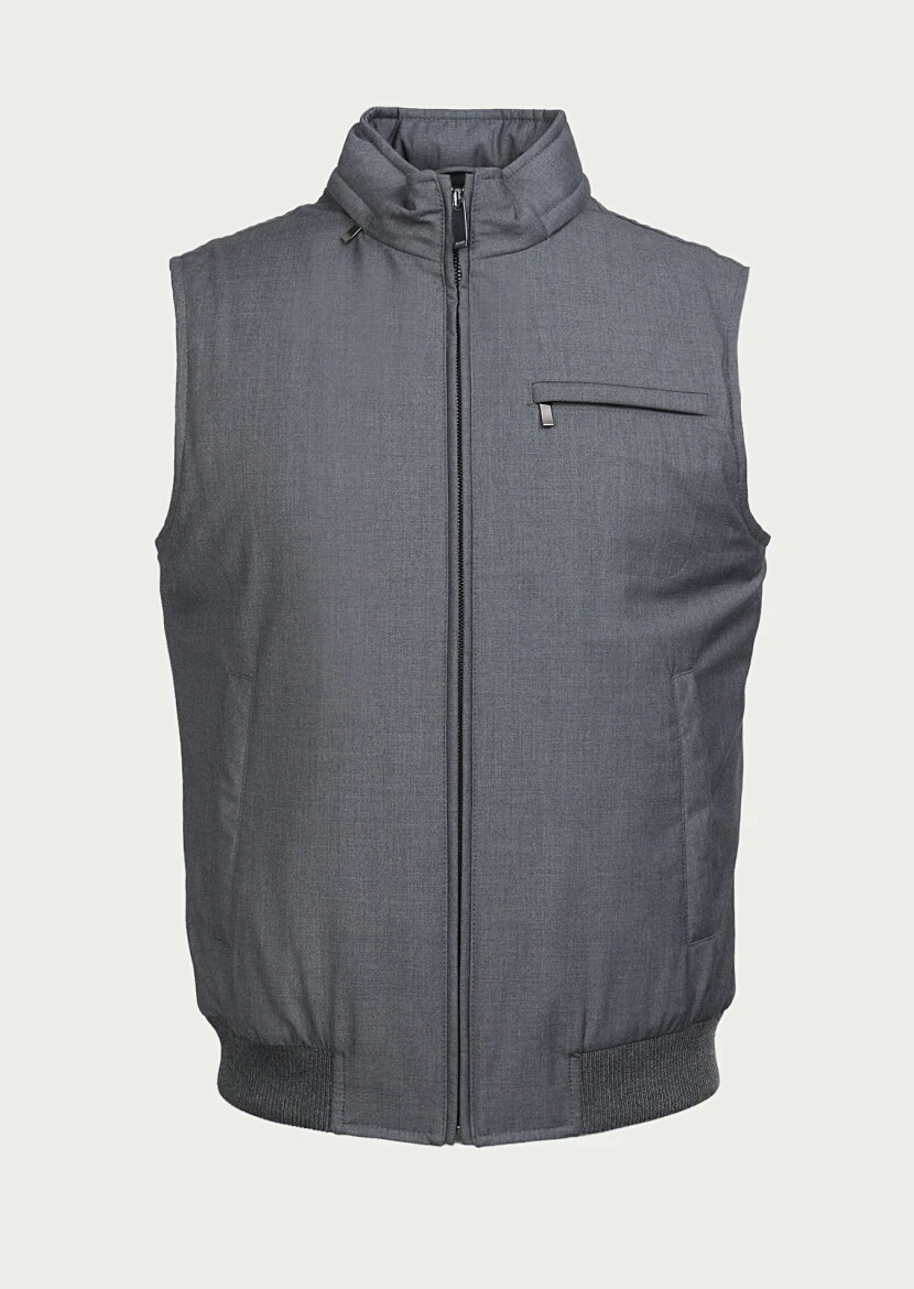 Gri Regular Fit Dik Yaka Casual Dokuma Spor Yelek - 6