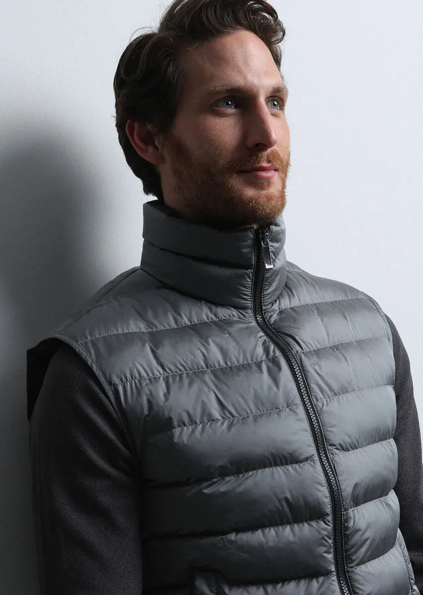 Gri Regular Fit Dik Yaka Casual Dokuma Spor Yelek - 2