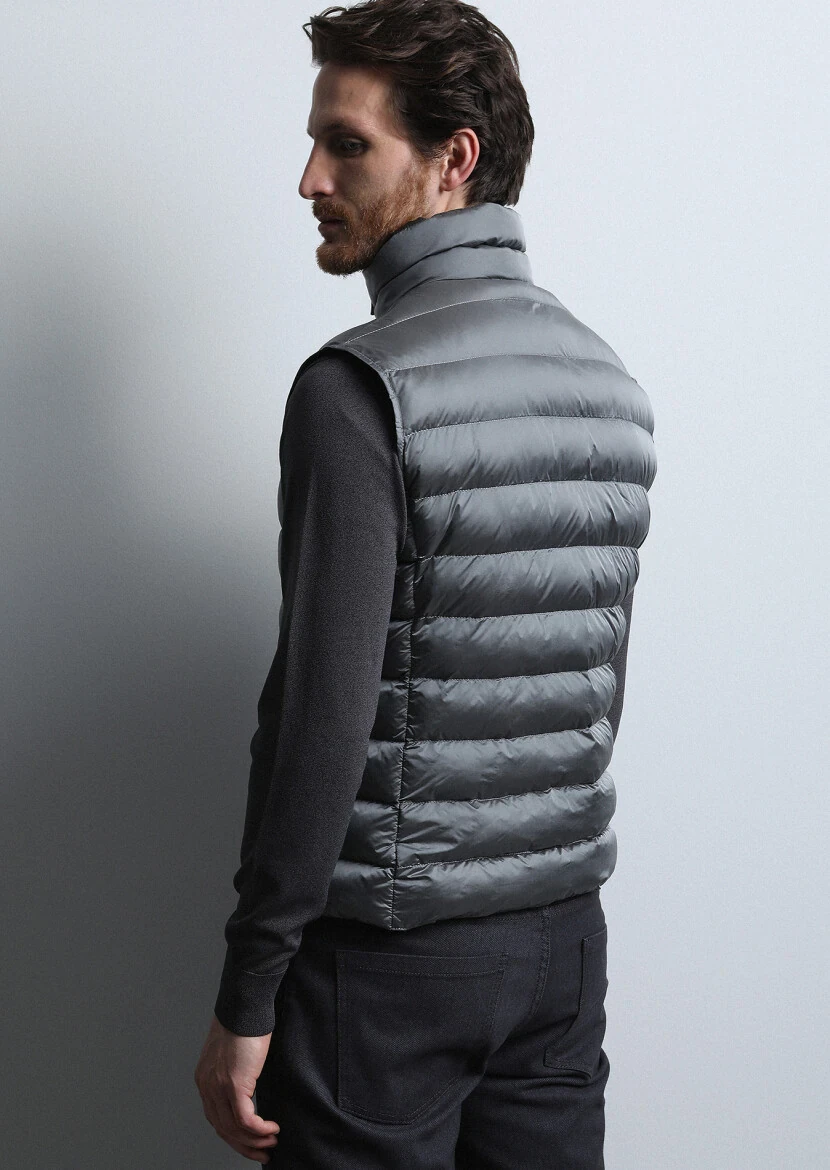 Gri Regular Fit Dik Yaka Casual Dokuma Spor Yelek - 5