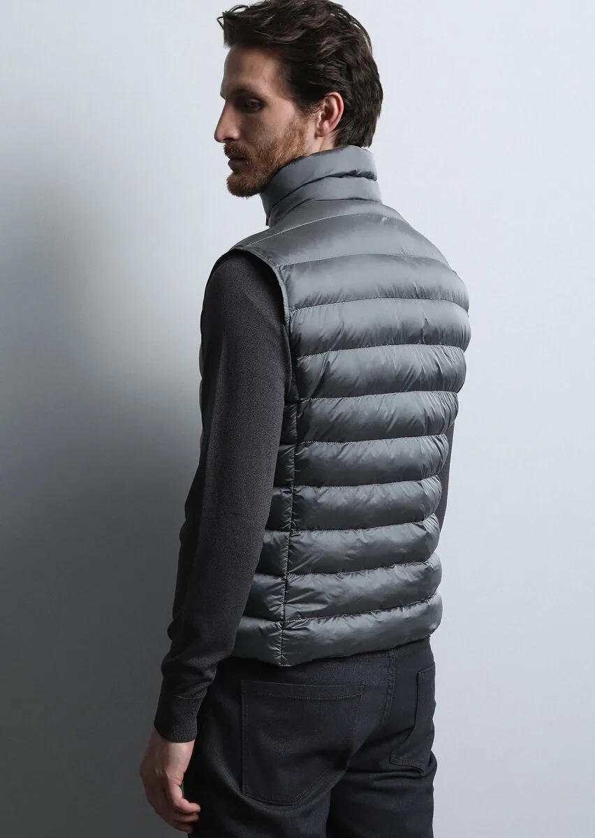 Gri Regular Fit Dik Yaka Casual Dokuma Spor Yelek - 5