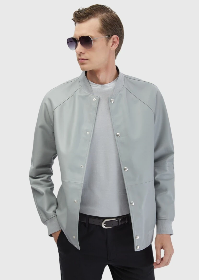 Gri Regular Fit Dik Yaka Casual Koyun Derisi Deri Mont - RAMSEY