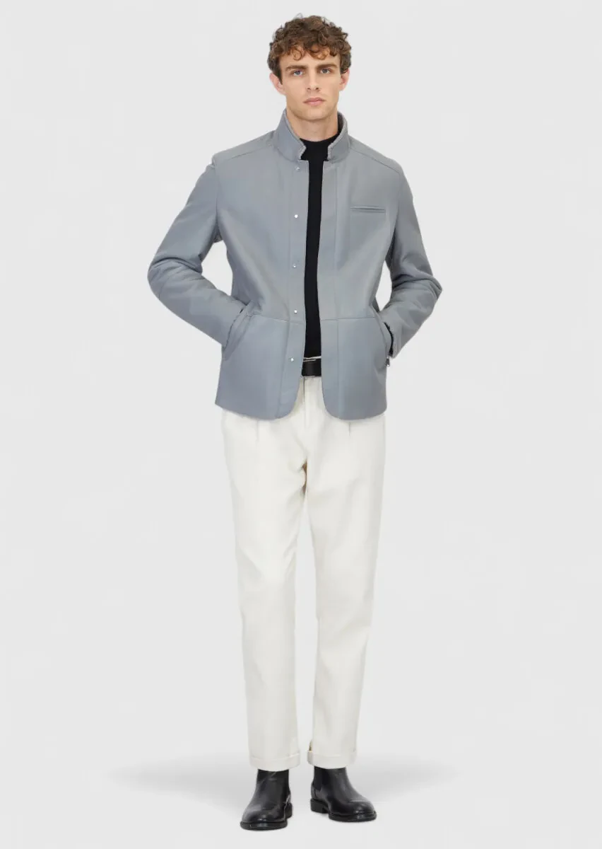 Gri Regular Fit Dik Yaka Casual Koyun Kürkü Deri Mont - 2