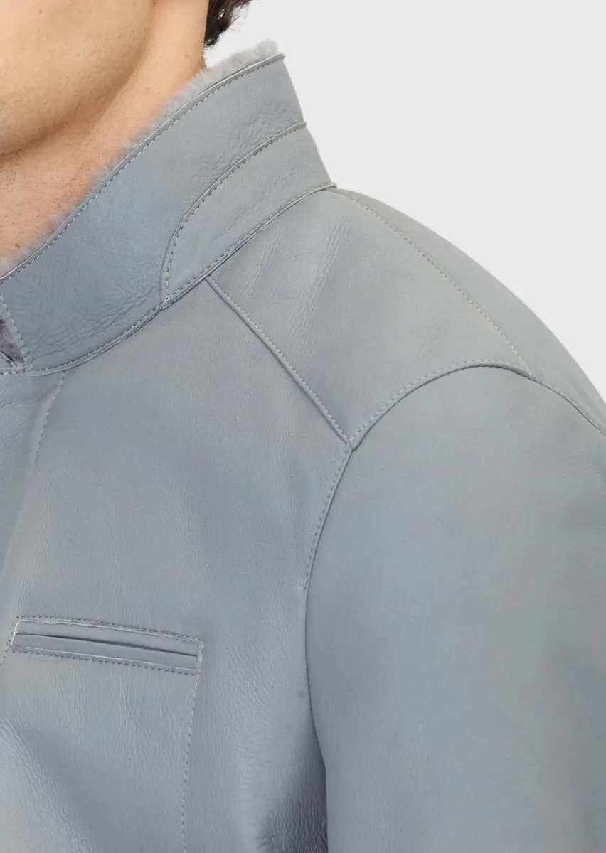 Gri Regular Fit Dik Yaka Casual Koyun Kürkü Deri Mont - 5