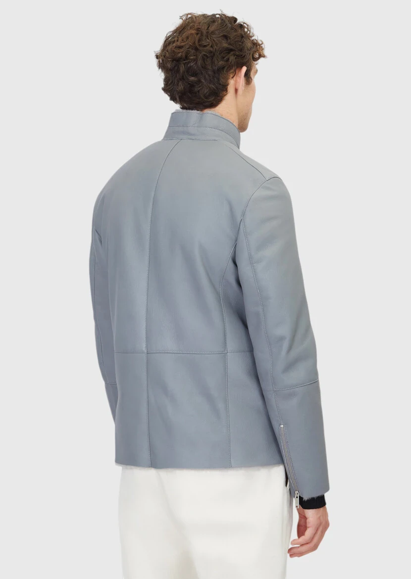 Gri Regular Fit Dik Yaka Casual Koyun Kürkü Deri Mont - 6