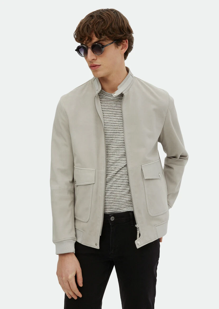 Gri Regular Fit Dik Yaka Casual Süet Deri Mont - 1