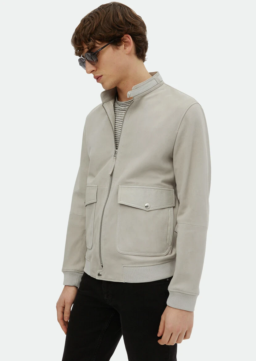 Gri Regular Fit Dik Yaka Casual Süet Deri Mont - 3