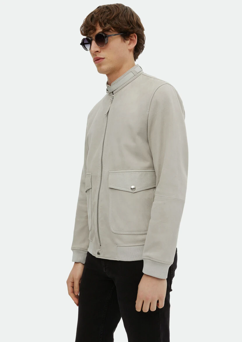 Gri Regular Fit Dik Yaka Casual Süet Deri Mont - 5