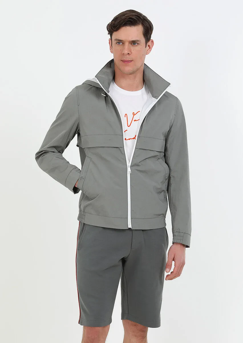 Gri Regular Fit Dik Yaka Denim Dokuma Mont - 1