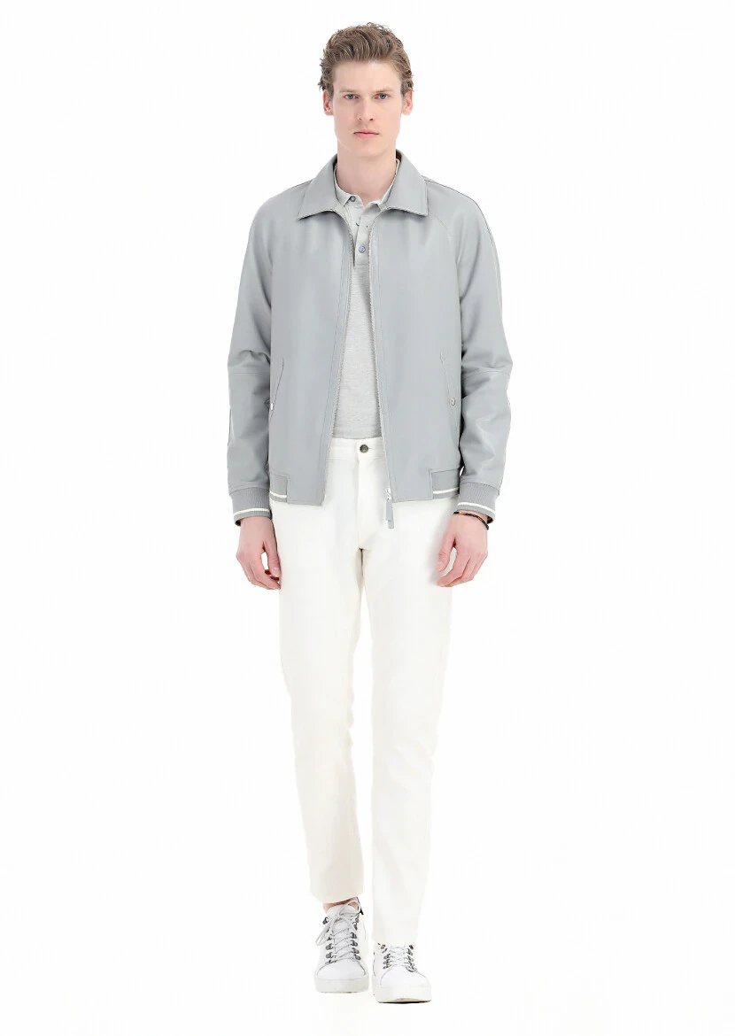 Gri Regular Fit Gömlek Yaka Casual Deri Deri Mont - 1