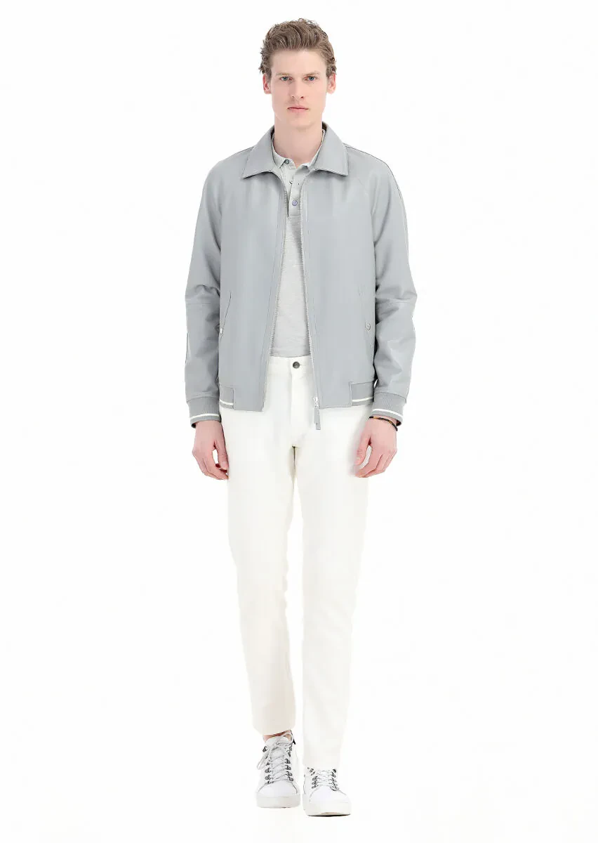 Gri Regular Fit Gömlek Yaka Casual Deri Deri Mont - 1